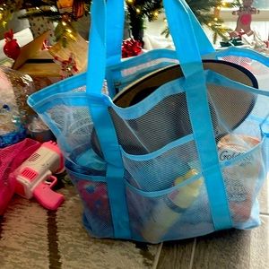 Large Blue Bag for pool, beach, diapers, or travel. Mesh with waterproof pocket.